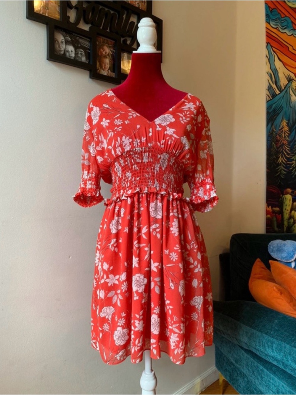 Floral Smocked Midi Dress in Coral Red